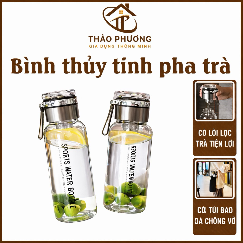 Bình Nước Thủy Tinh Trong Suốt Pha Trà Chịu Nhiệt Độ Cao, Kèm Túi Đựng Bình, Kèm Khay Lọc Pha Trà Inox Độ Bền Cao