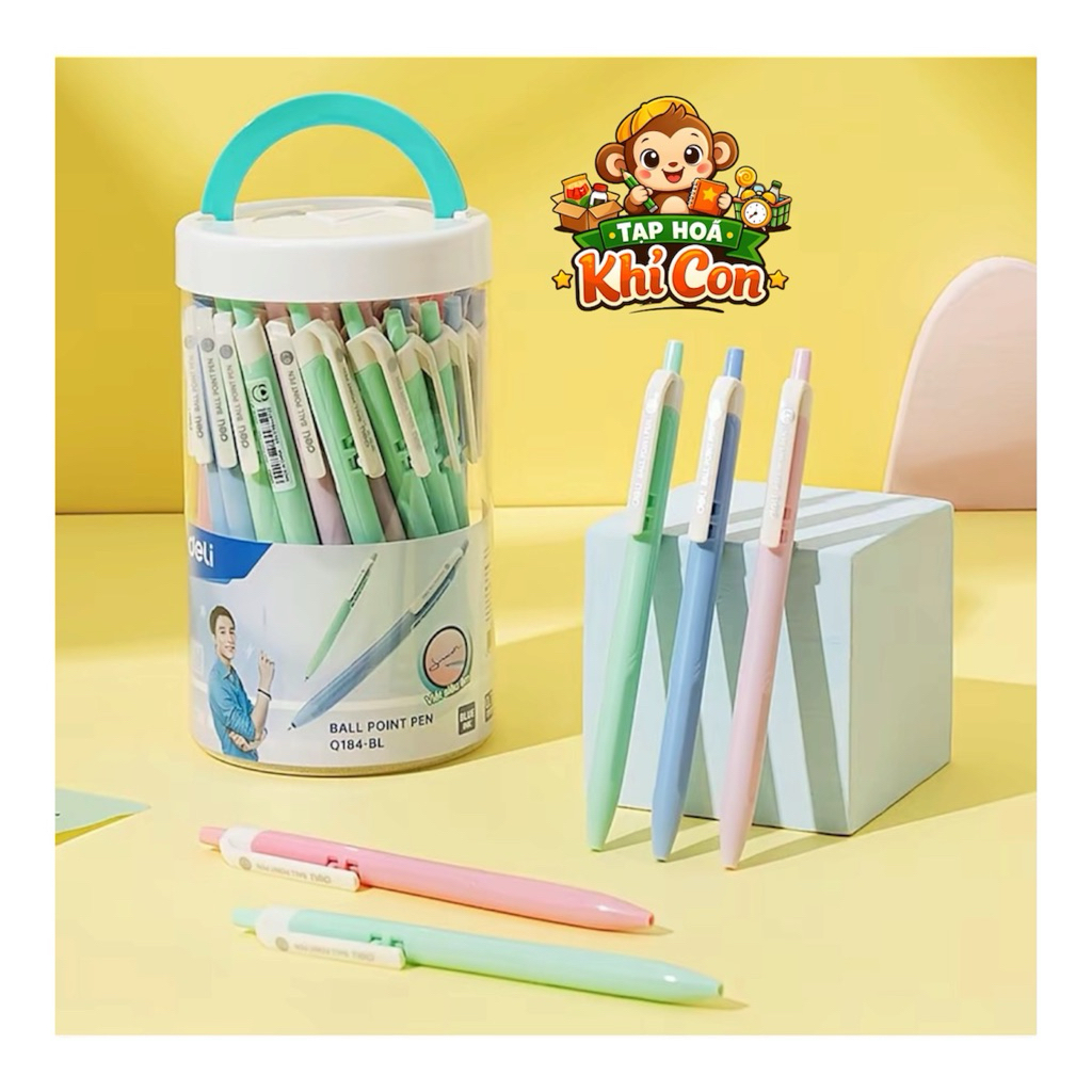 Bút Viết Deli - Hộp 50 Bút Bi Bấm Deli Mực Xanh Đen Đỏ Ngòi 0.7mm Viết Đều Trơn Tru Thân Pastel