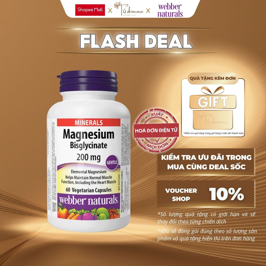 Viên uống Magie hỗ trợ sức khoẻ Magnesium Bisglycinate Webber Naturals 200mg 120 viên