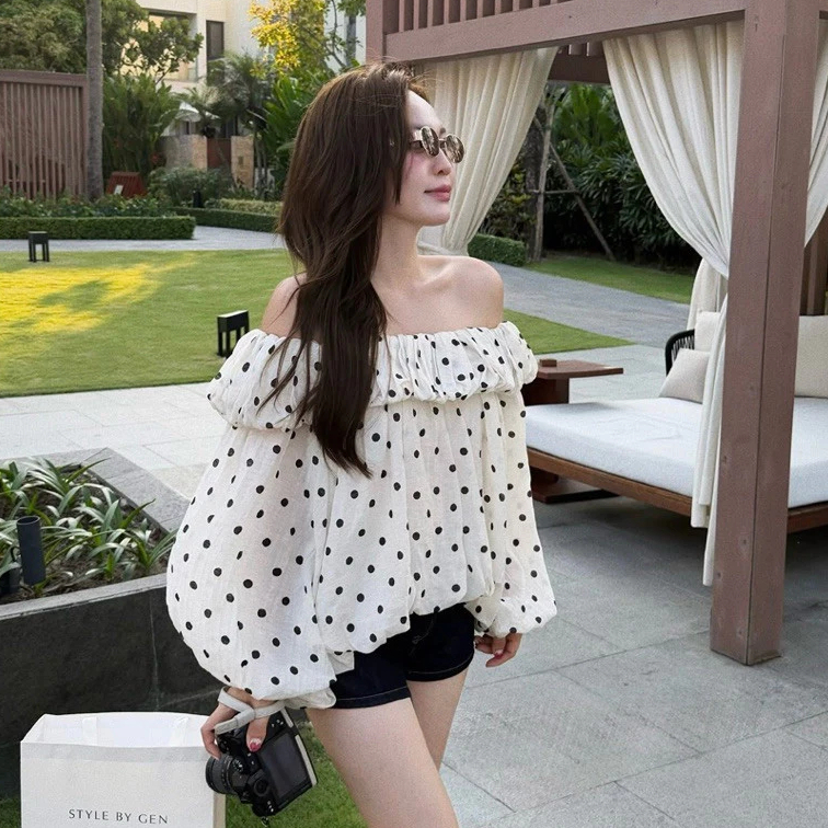 ÁO TRỄ VAI DÀI TAY CHẤM BI SIÊU XINH TIỂU THƯ TƠ MỀM MIMI TOP - DÀNH CHO NỮ | BigBuy360 - bigbuy360.vn