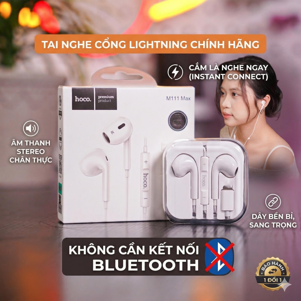 Tai nghe có dây nhét tai HOCO M101 Pro/M111 Max cổng kết nối L và TypeC không Bluetooth, không delay