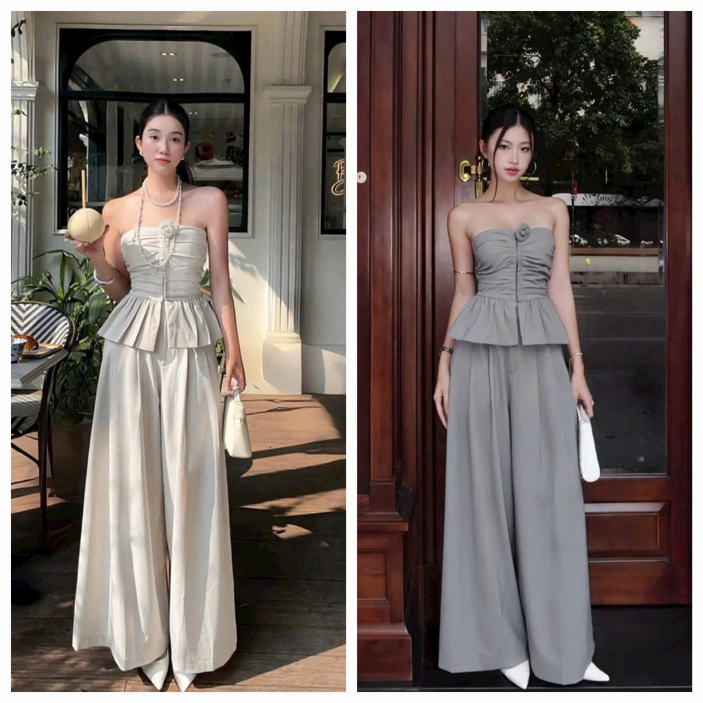 Set bộ dài - Set bộ đồ nữ thời trang hiện đại, áo cup ngực đính hoa nhún ngực xếp ly xòe phối quần s