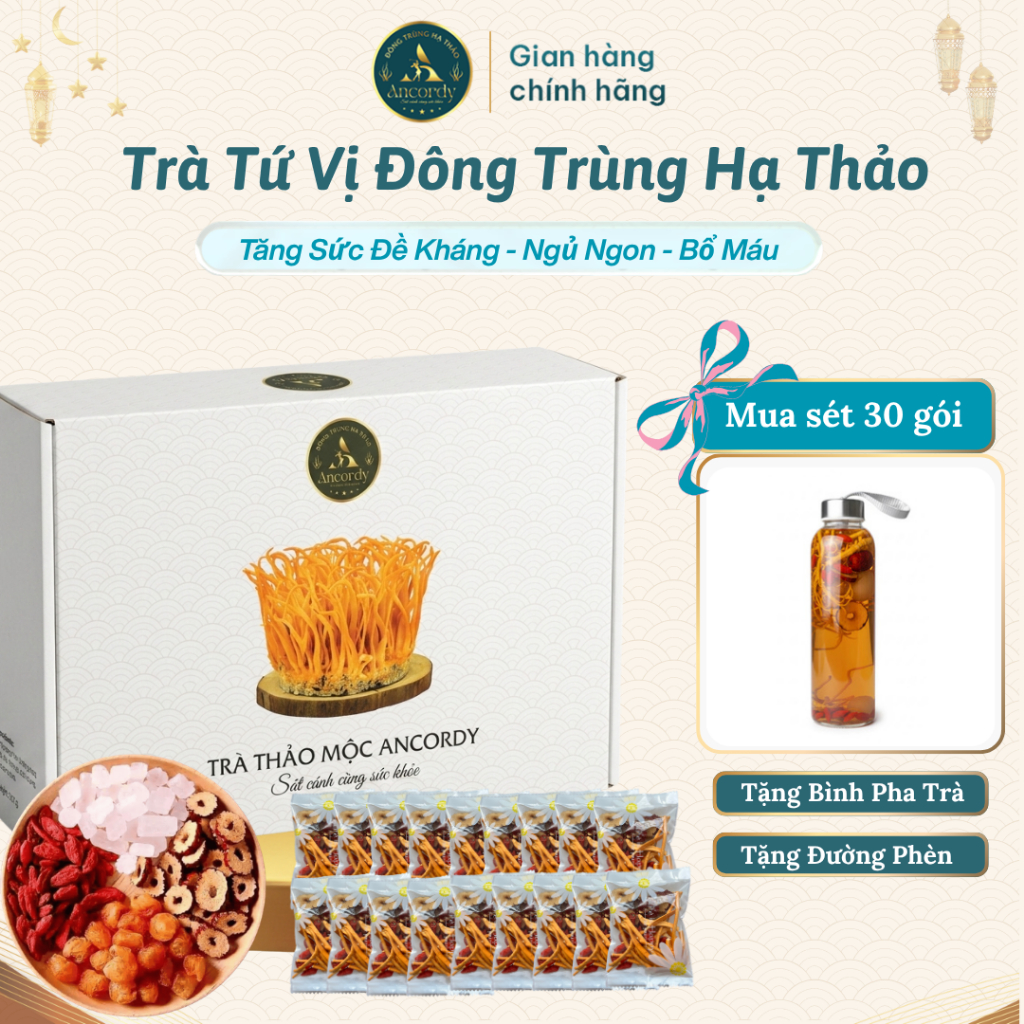 Trà Tứ Vị Ancordy, Trà Thảo Mộc 4 Vị: Táo Đỏ, Kỳ Tử, Long Nhãn, Đông Trùng Hạ Thảo, Tiệm Trà Ancordy