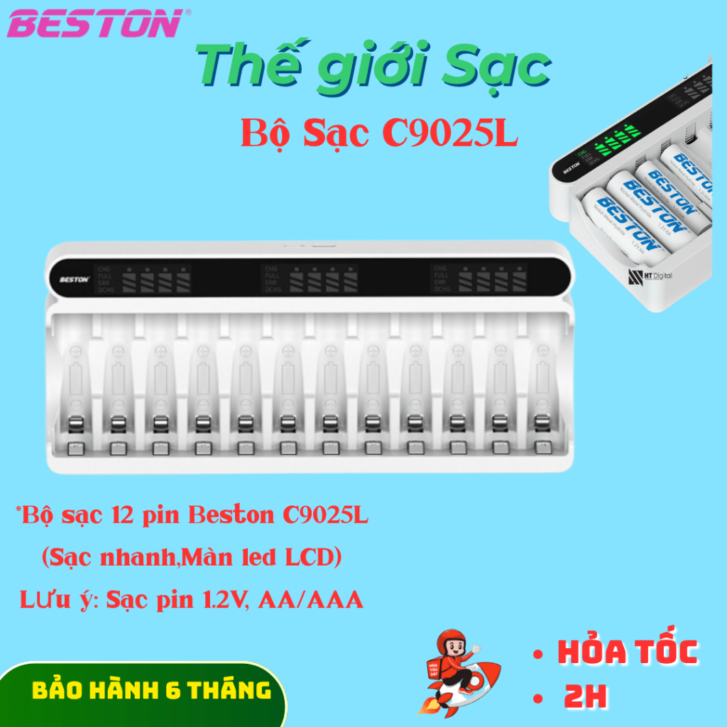 Sạc 12 slot Pin AA & AAA Beston C9025L - C9025 Ni-Mh 1.2V 12 Slot Smart LCD, pin đồ chơi,karaoke