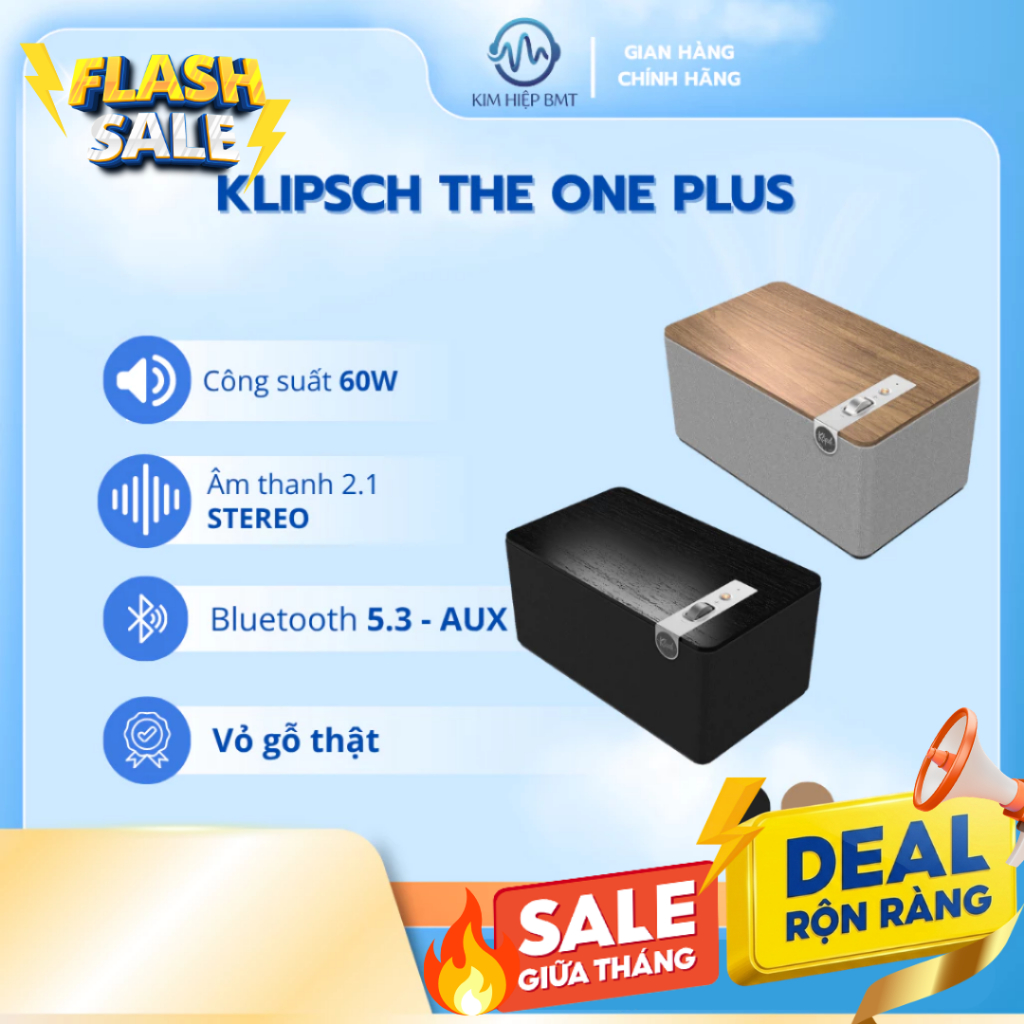 Klipsch The One Plus Công Suất 60W stereo Bluetooth 5.3, Chế Độ Broadcast Vỏ Gỗ Thật Hàng Chính Hãng