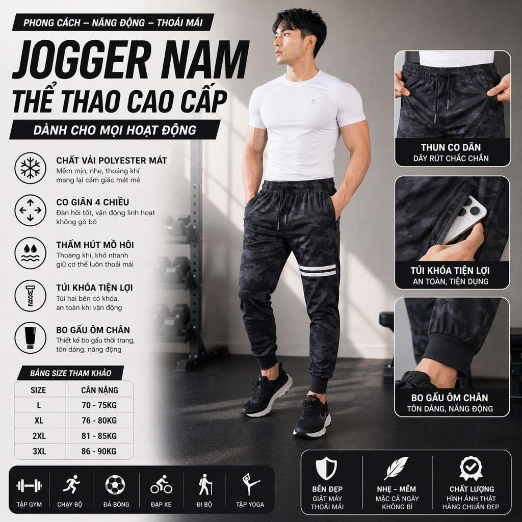 Jogger Nam Thể Thao Camo Cao Cấp – Polyester Mát, Co Giãn 4 Chiều, Túi Khóa, Size L Đến 3XL 70-90kg