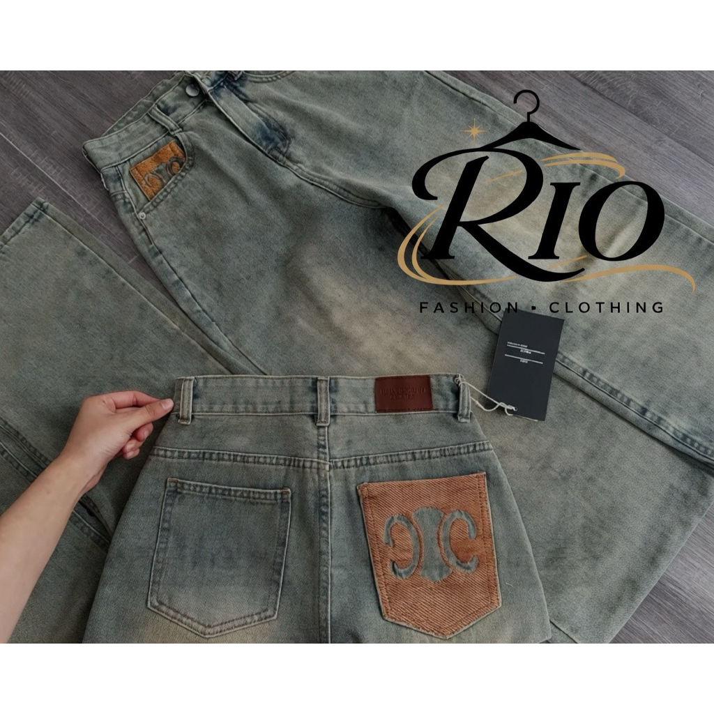 Quần jeans nữ Ống suông vải Qc thêu túi cam Q1729