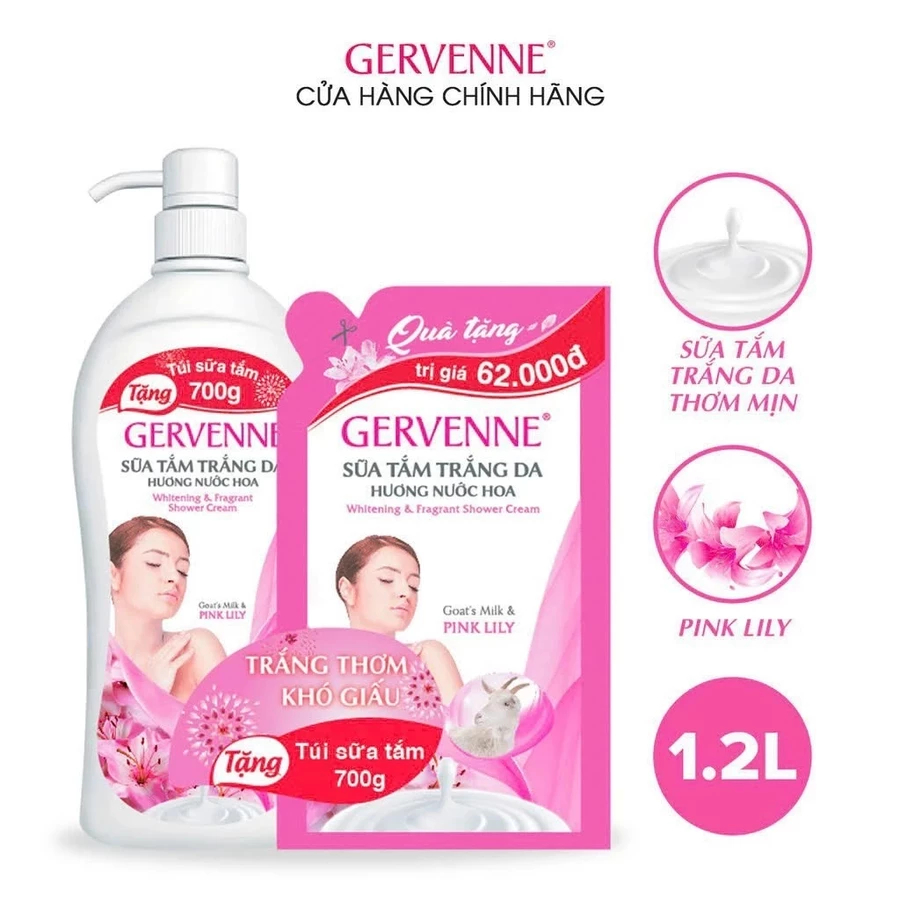 Sữa Tắm Gervenne trắng da 900g Tặng Túi sữa tắm 450g