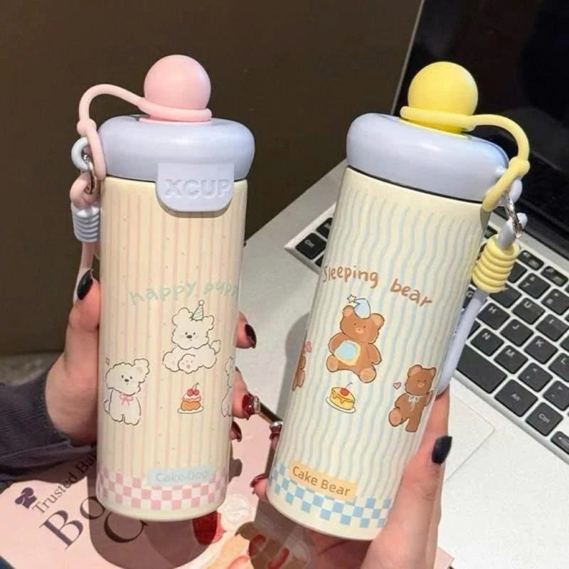 Bình Giữ Nhiệt 600ML Hoạ Tiết Mèo Con Dễ Thương Tặng Móc Khóa Trang Trí đẹp