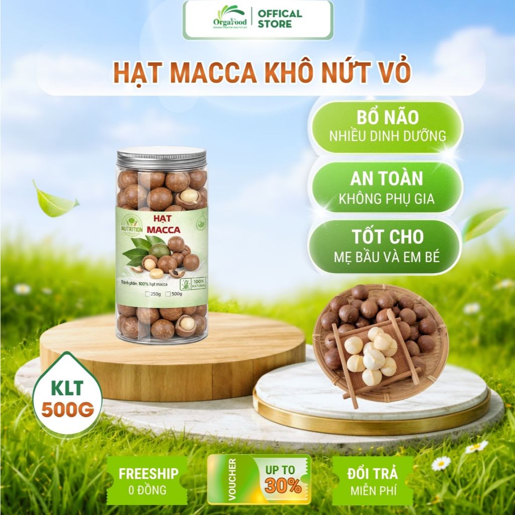 Hạt macca nứt vỏ Daklak organic 500g macca tươi size 25-28 mm tặng kèm đồ khui hạt Orgafood
