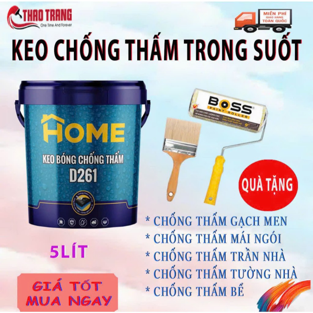 KEO BÓNG CHỐNG THẤM KHÔNG MÀU D261, 5 LÍT Chuyên Dụng Chống Thấm nền Gạch Sân Thượng, Chống Thấm Tườ
