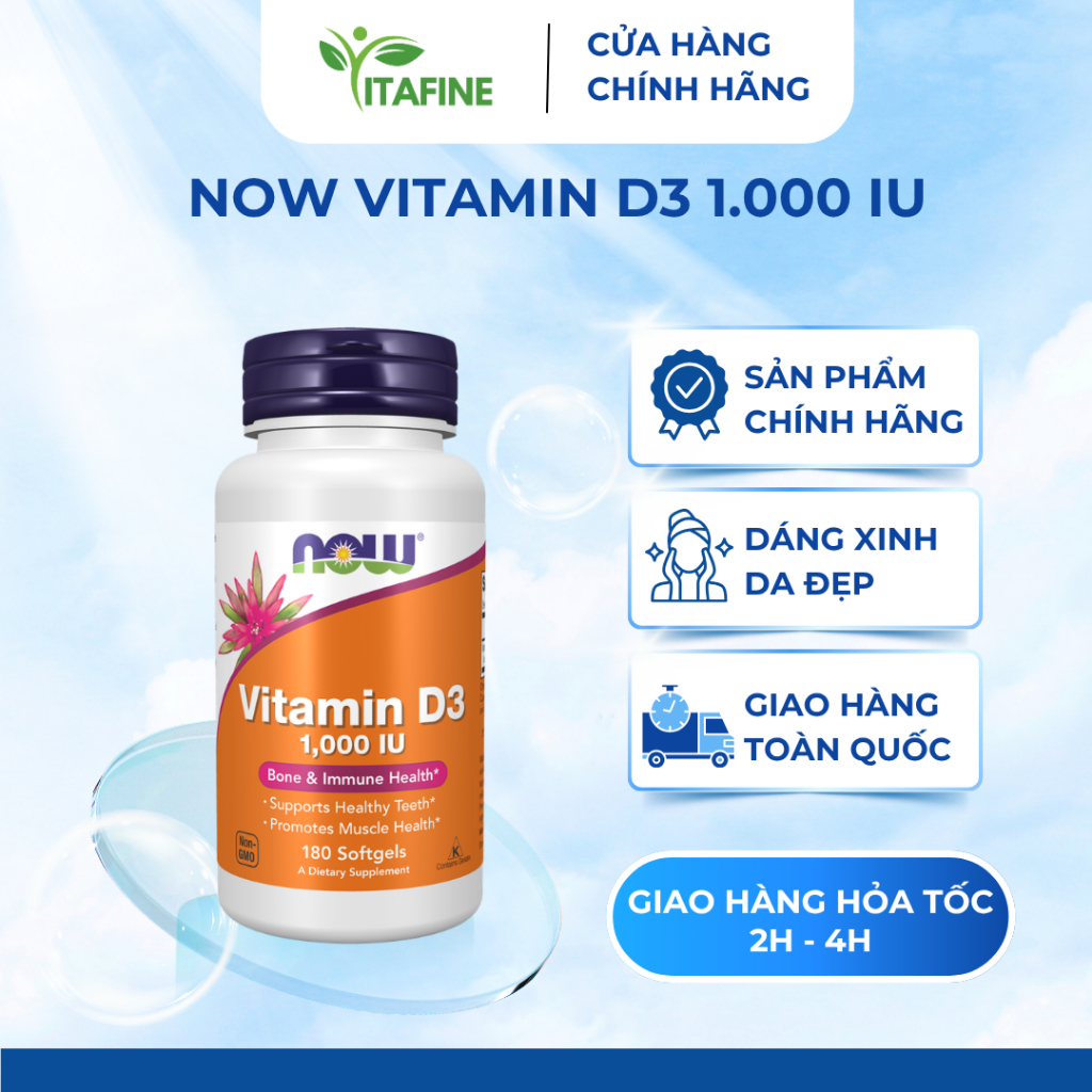 NOW Vitamin D3 1000 IU – Hỗ Trợ Hấp Thu Canxi, Chắc Khỏe Xương, Tăng Cường Miễn Dịch