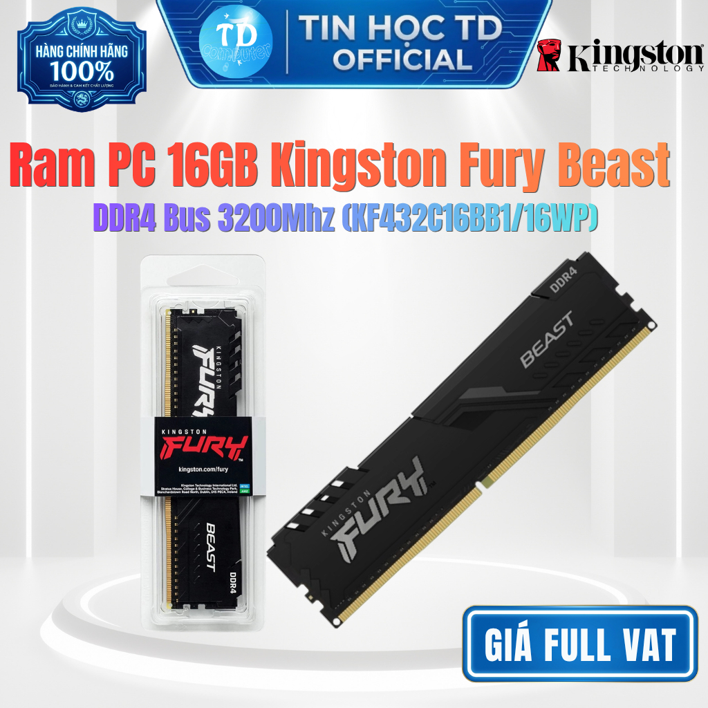 RAM PC 16GB Kingston Fury Beast Black DDR4 3200MHz (KF432C16BB1/16WP) - Hàng chính hãng