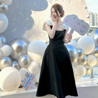 Đầm thời trang nữ đi tiệc chất tapta cổ vuông không tay phối nơ dáng váy chữ A xoè dài maxi trẻ trung