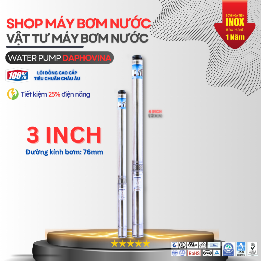 Máy Bơm Hỏa Tiễn Daphovina 1Hp (750W) – Điện 1 Pha 220V – Dùng Cho Giếng Khoan 3" (76mm)