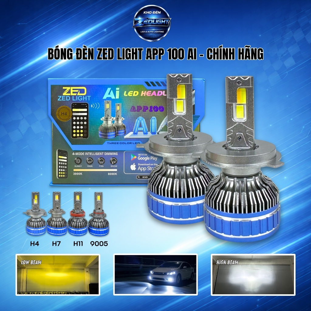 Bóng Đèn Pha Siêu Sáng APP 100 AI - Tùy Chỉnh Ánh Sáng  Bằng Điện Thoại, Lắp Oto, Xe Máy Chân H4,H7,