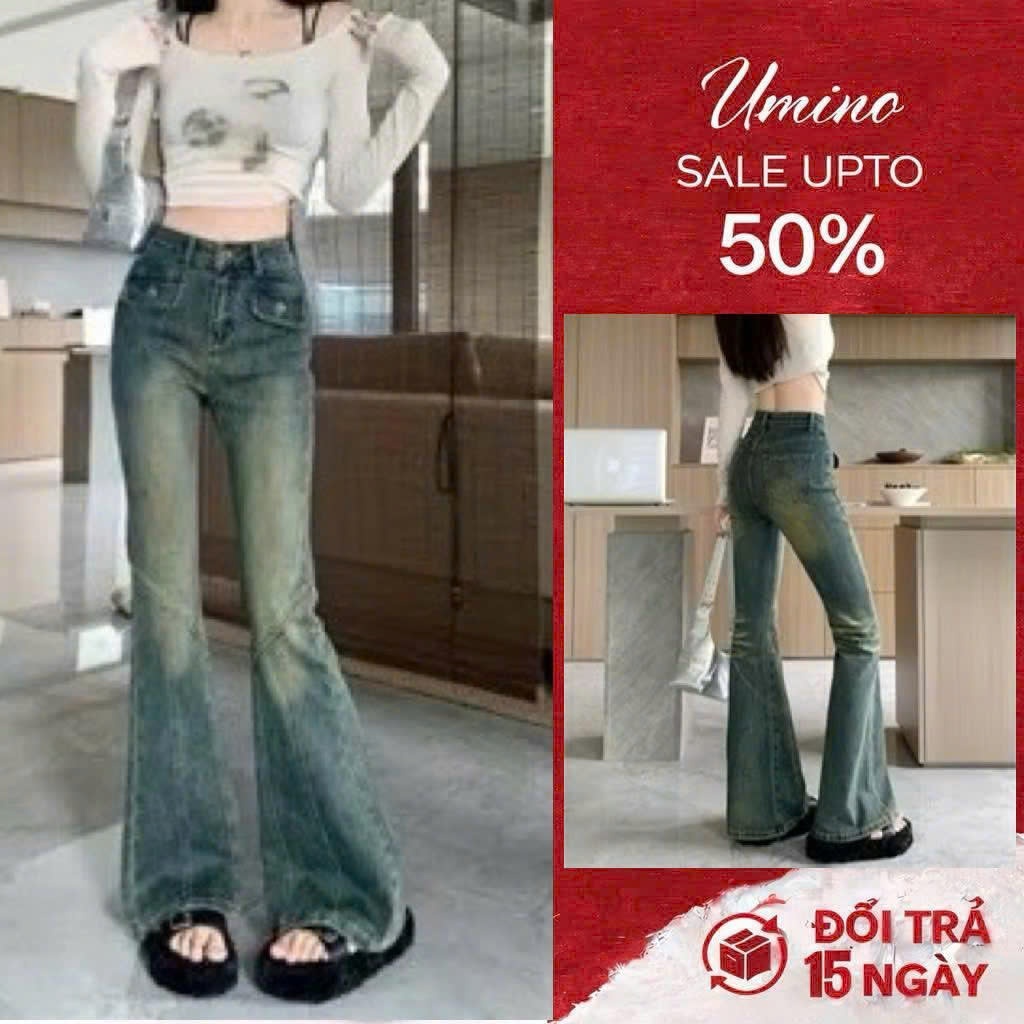 Umino Quần Jeans ống loe 2 Nắp , Quần jean bò loe lưng cao hơi mài bạc trước phong cách LN29