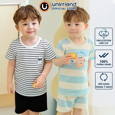 Bộ ngắn tay thun cotton mịn bé trai, bé gái mặc nhà mùa hè Unifriend Hàn Quốc U2023-31. Size đại 5, 6, 8, 10 tuổi
