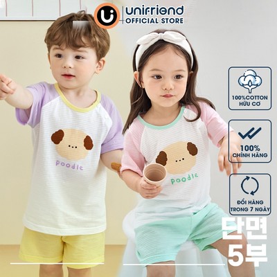 Bộ ngắn tay thun cotton dành cho bé trai, bé gái mặc nhà mùa hè Unifriend Hàn Quốc U2022-7. Size đại 5, 6, 8, 10 tuổi