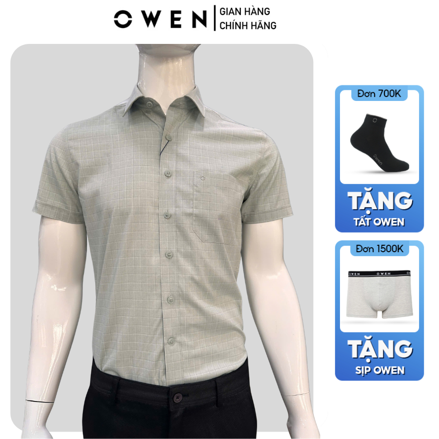 Áo Sơ Mi Nam Ngắn Tay Owen AB250455NT màu xanh lá nhạt kẻ dáng body fit tà bằng, chất liệu bamboo mề