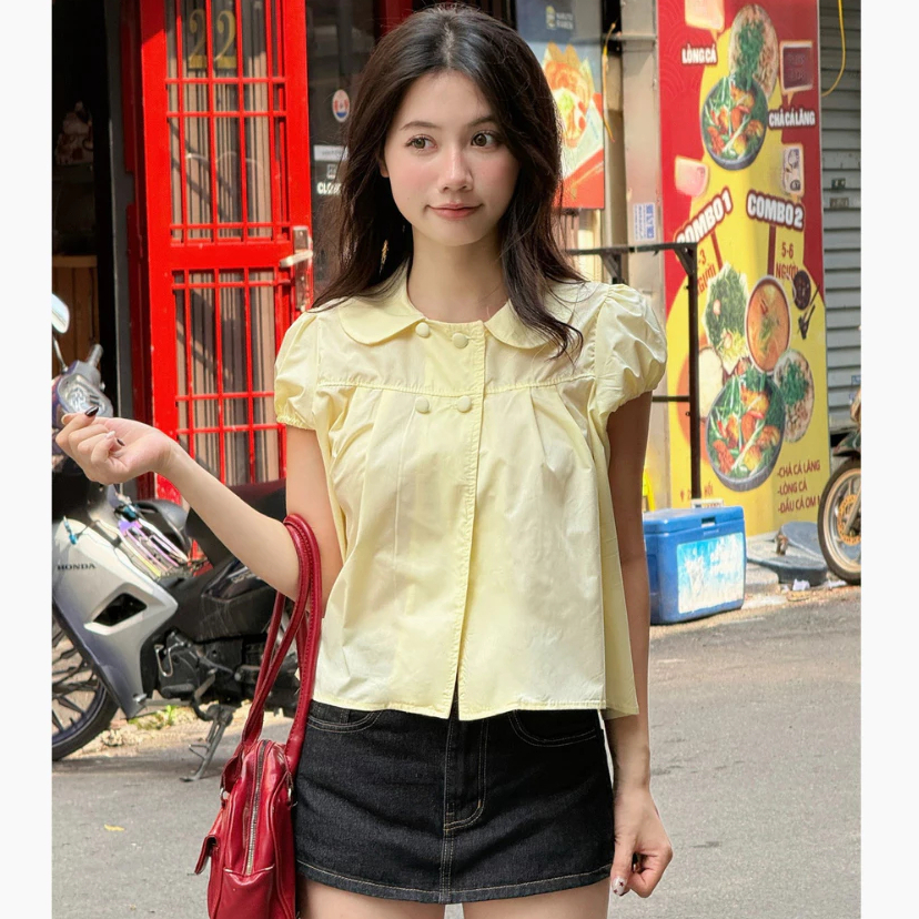 Áo babydoll 4 cúc tay bồng cổ sen, Áo kiểu babydoll dễ thương - BUN222 | BigBuy360 - bigbuy360.vn