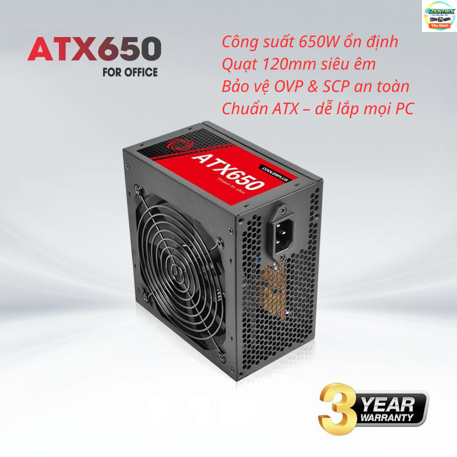 PSU COOLERPLUS ATX650 650W – Quạt 120mm Êm, Bảo Vệ OVP SCP, Chuẩn ATX, Bảo hành 36 Tháng