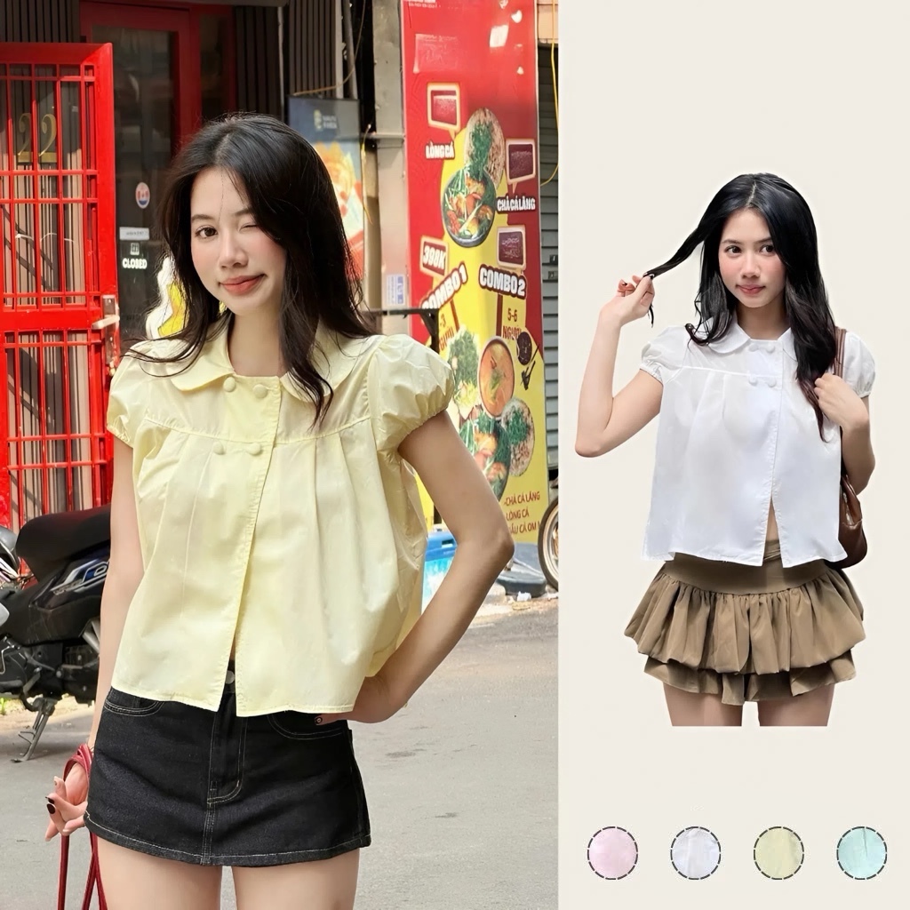 Áo babydoll 4 cúc tay bồng cổ sen, Áo kiểu babydoll dễ thương - BUN222
