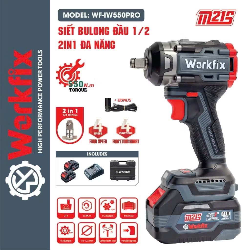 Máy Siết Bulong 550Nm Workfix WF-B550PRO, Combo Kèm Bộ Phụ Kiện Vặn Vít, Khoan Tường