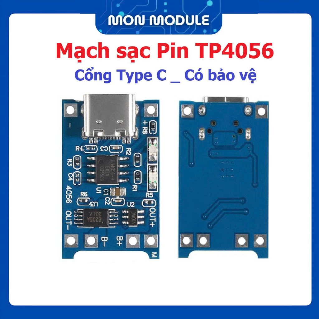 [TP4056][Mạch sạc PIN] 2 Mạch sạc PIN TP4056 1A Type C, đầu ra 4,2V. MS Pin Lithium-Li-ion-18650