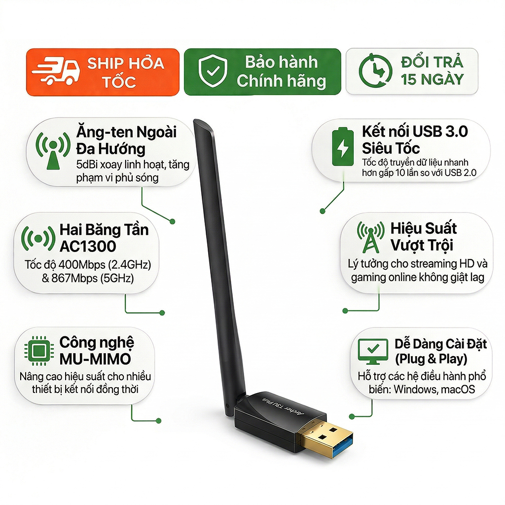 USB Wifi TP-Link Archer T3U Plus AC1300 Dual Band Anten Rời Thu Sóng Mạnh