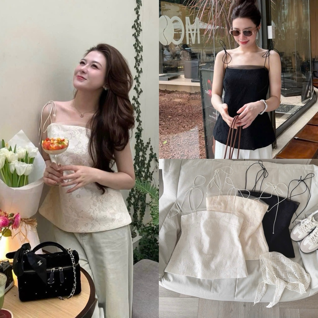 [Hàng Loại 1] Áo 2 dây nữ ren hoa nổi phối voan dáng suông thắt nơ vai CiCi Top - A3980 | BigBuy360 - bigbuy360.vn