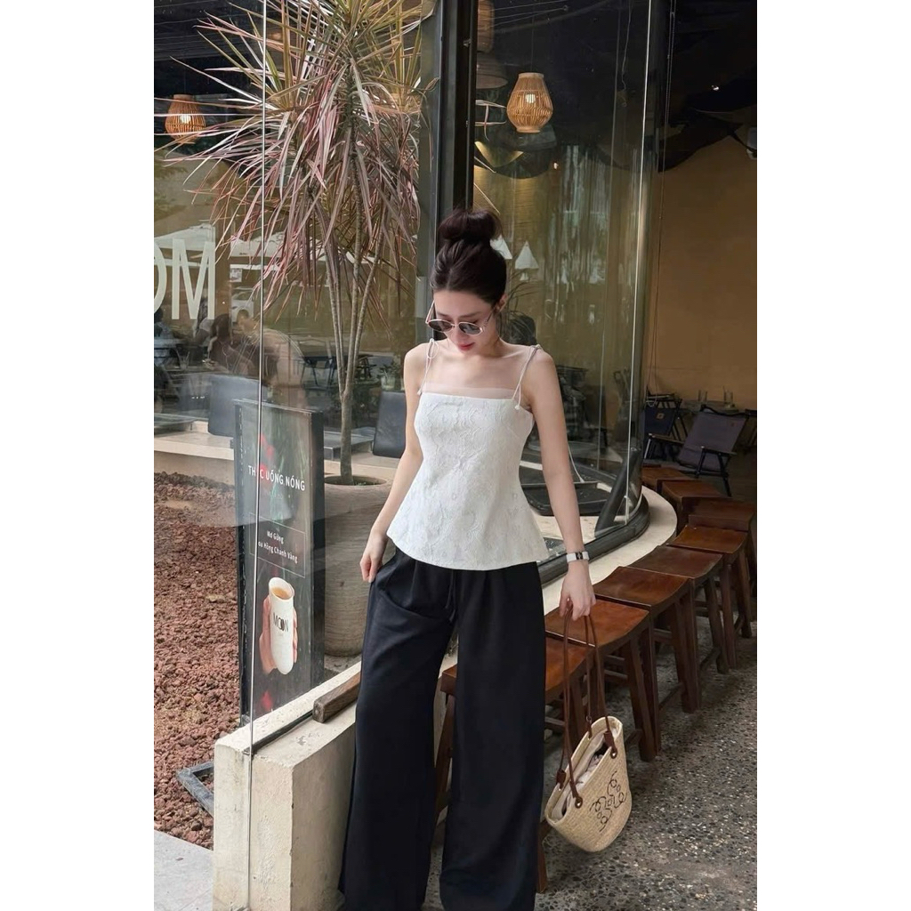 [Hàng Loại 1] Áo 2 dây nữ ren hoa nổi phối voan dáng suông thắt nơ vai CiCi Top - A3980 | BigBuy360 - bigbuy360.vn
