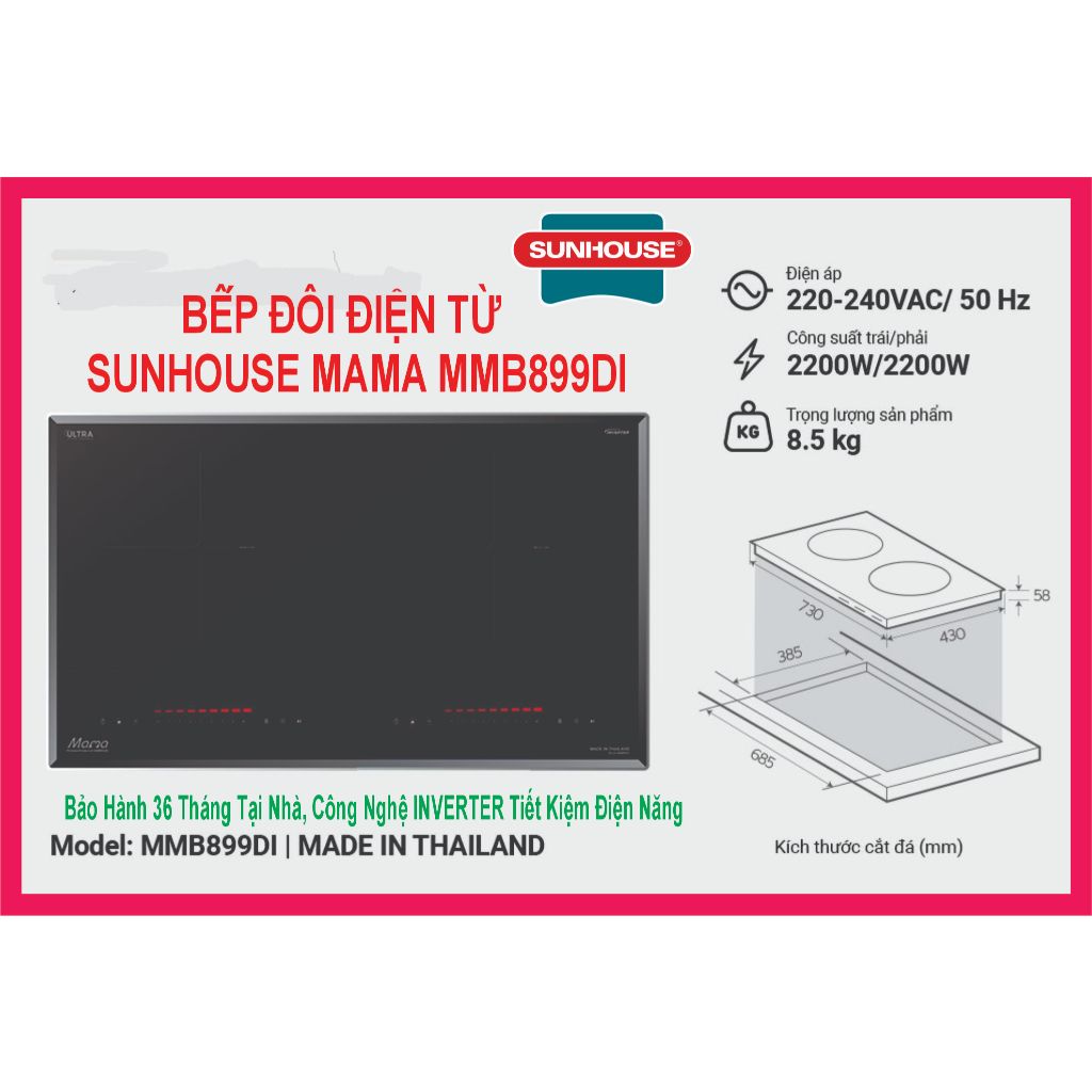 "SUNHOUSE Bếp Điện Từ MMB899DI Tiết Kiệm Điện, Bảo Hành 36 Tháng INVERTER"