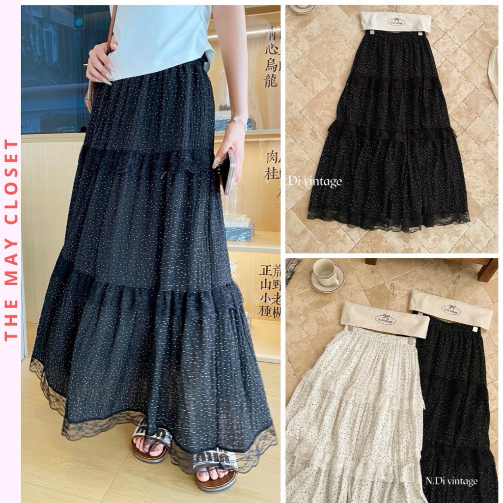 [𝑻𝒉𝒆𝑴𝒂𝒚 x 𝐐𝐂𝐋𝟏] Chân Váy Chấm Bi Tầng Phối Ren Dáng Dài 82cm Midi Bồng Xòe Vintage Tag 𝐅𝟏𝟖 𝐒𝐭𝐮𝐝𝐢𝐨