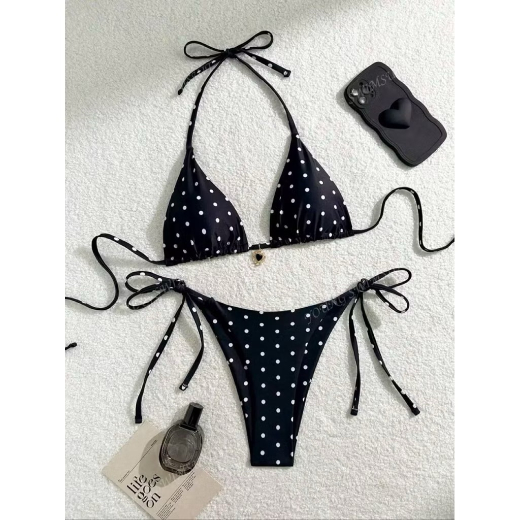 ( che tên sp) Bikini 2 mảnh đi biển chấm bi nâu áo tam giác quần ship chấm bi | BigBuy360 - bigbuy360.vn