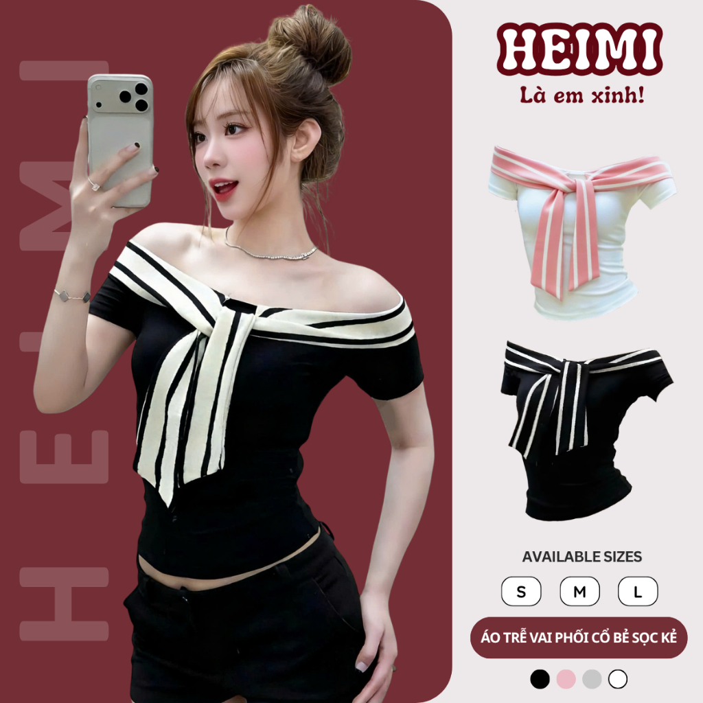 Áo Trễ Vai Cộc Tay Thiết Kế Cổ Bẻ Dây Buộc Họa Tiết Sọc Kẻ Chất Thun Cotton…