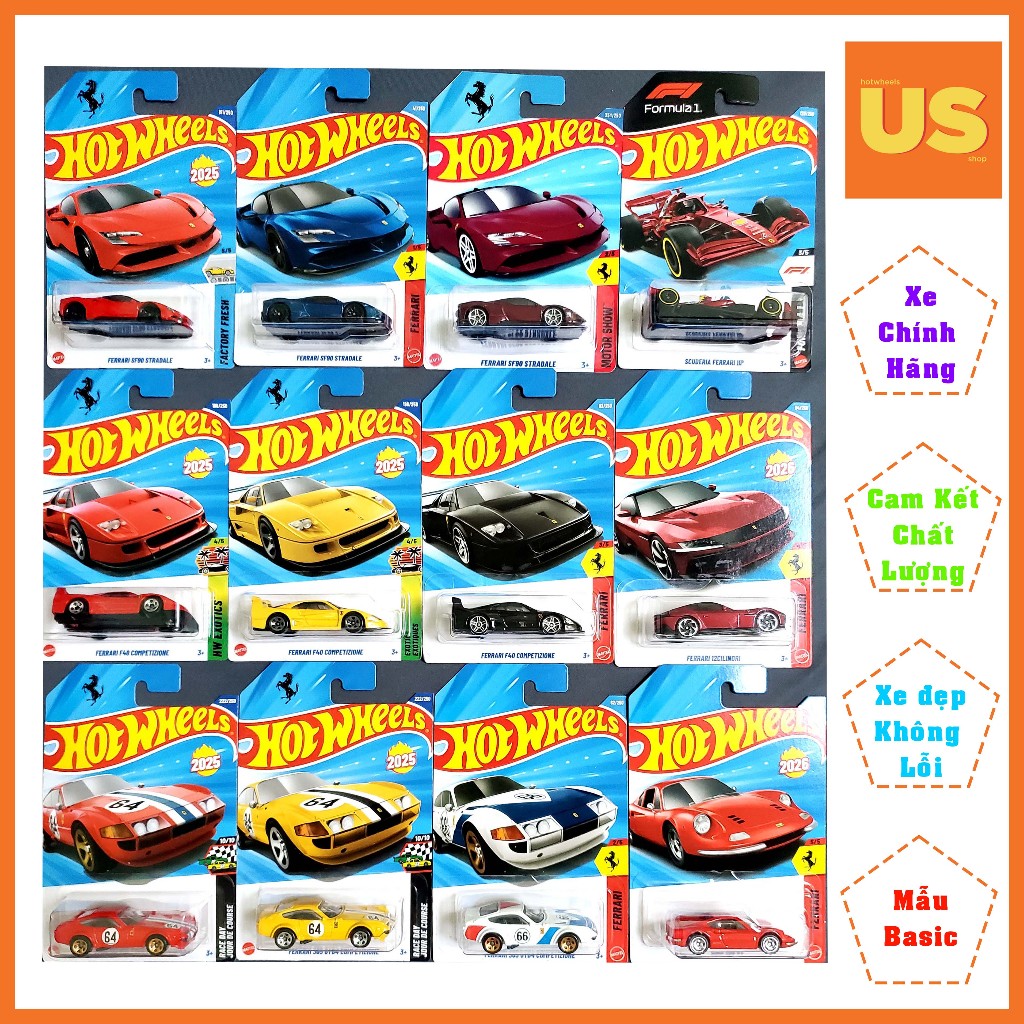 Xe Mô Hình Hot Wheels Cơ Bản Ferrari Các Loại: SF90 Stradale, F40, 365 GTB4 Competizione – Chính Hãn
