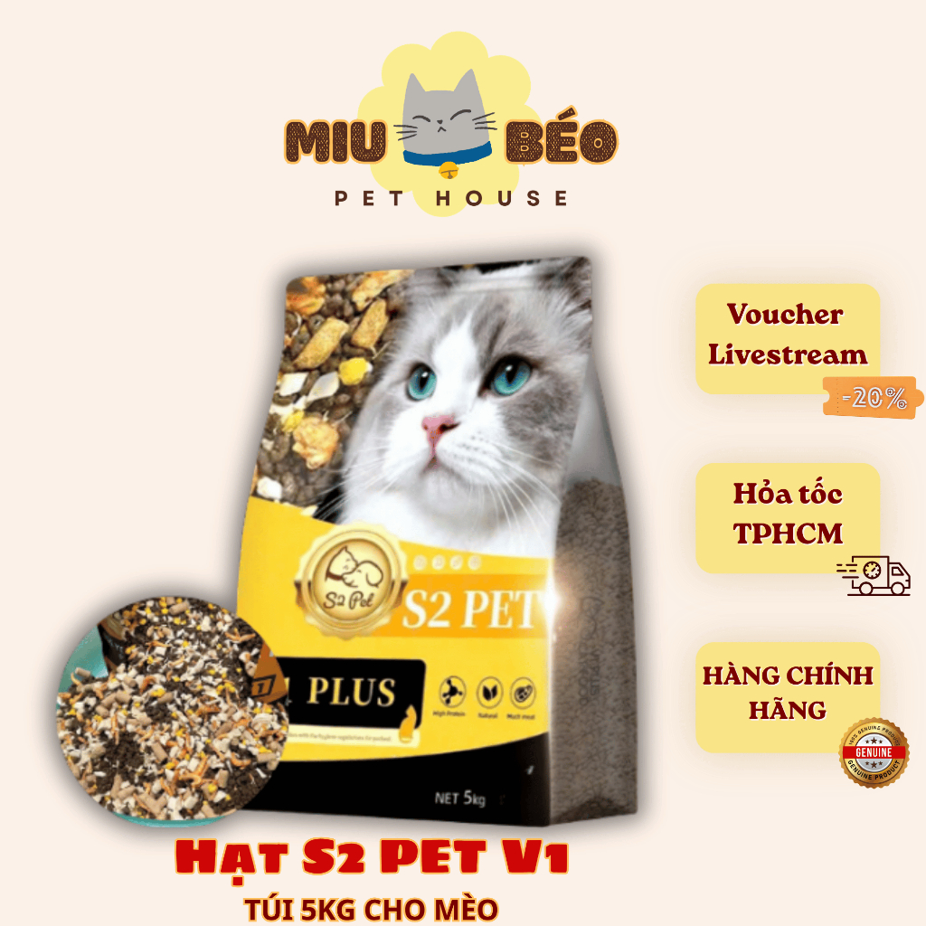 [ BAO 5KG ] Hạt Cho Mèo S2PET V1 Túi 5kg S2 PET V1 Siêu Topping, Bổ Sung Dinh Dưỡng Cho Mèo Biếng Ăn