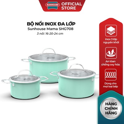 [OUTLET] Bộ nồi inox đa lớp Sunhouse Mama SHG708 - 16/20/24cm - 3 lớp nguyên khối - Dùng được cho mọi loại bếp