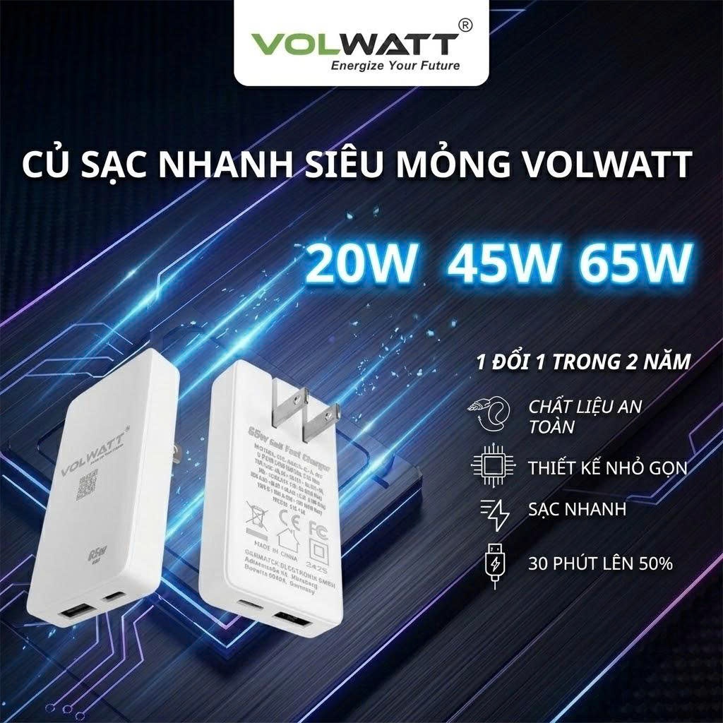[Volwatt Chính Hãng] Củ sạc nhanh siêu mỏng GaN Fast Charger 25W/45W/65W - Thiết kế Slim cho iPhone,
