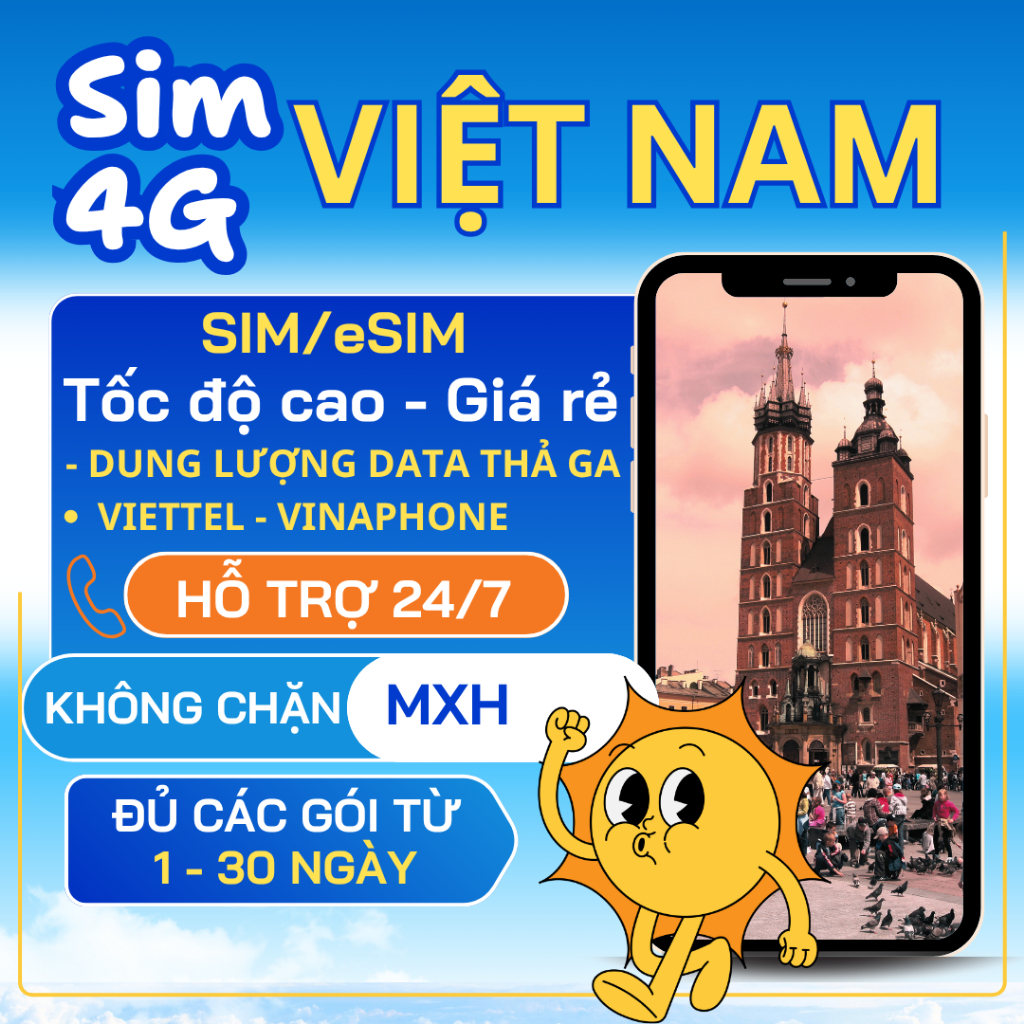 [eSIM/vật lý] Sim du lịch Việt Nam mạng Viettel, VinaPhone, 4G/5G căng đét, hỗ trợ 1 đổi 1, cài tính