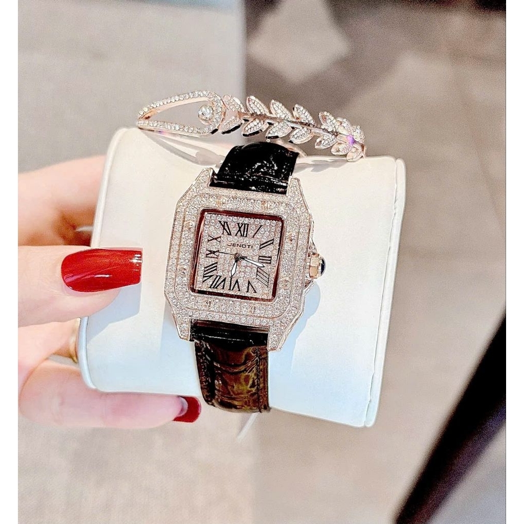 [Chính Hãng 100%] Sét Đồng Hồ Nữ Jenoti by Hanboro Máy Quartz (Pin) Kính Khoáng Mặt Vuông Siz 34mm D