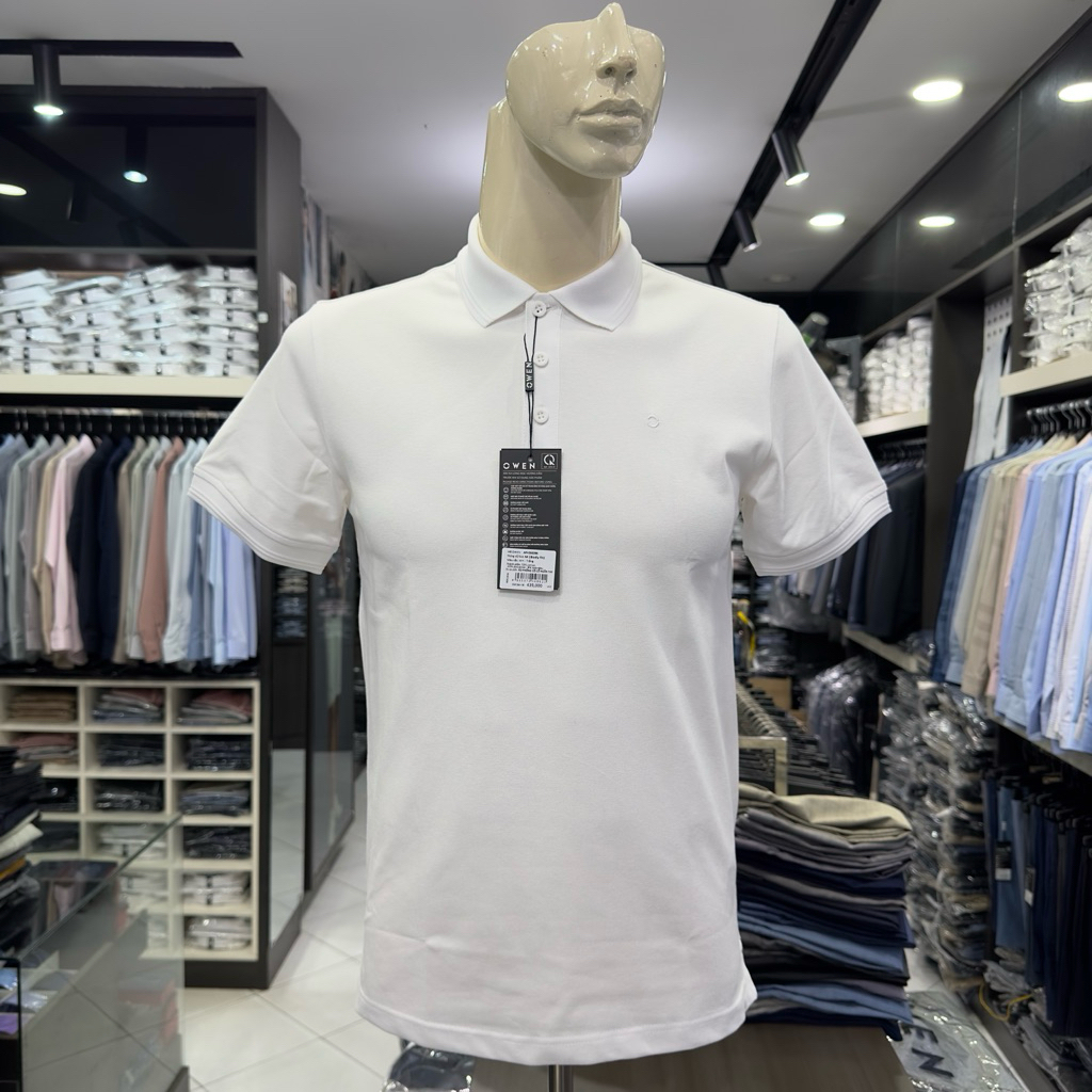 Áo polo nam Owen màu trắng trơn body fit vải cotton APV262096