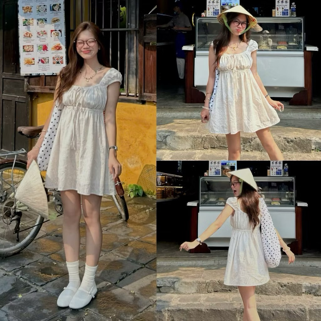 Váy xô ren thô boil hoa nhí dáng ngắn chun ngực Fiona Dress