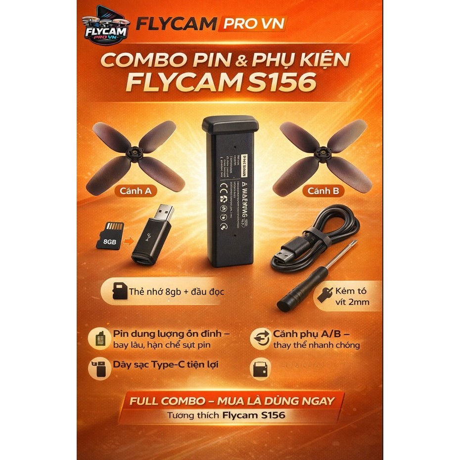 phụ kiện Pin flycam S156, Dung lượng 1800mAh, Cánh phụ A/B (thay thế), Dây sạc Type-C, Tô vít 2mm