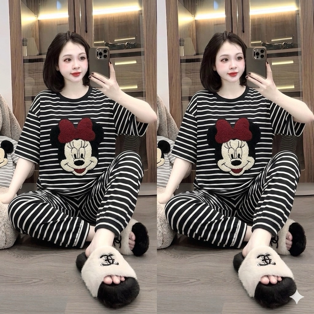Set Bộ Nữ , Set Bộ Thun Kẻ Thêu Xù Tóc Đỏ Cộc Dài H688