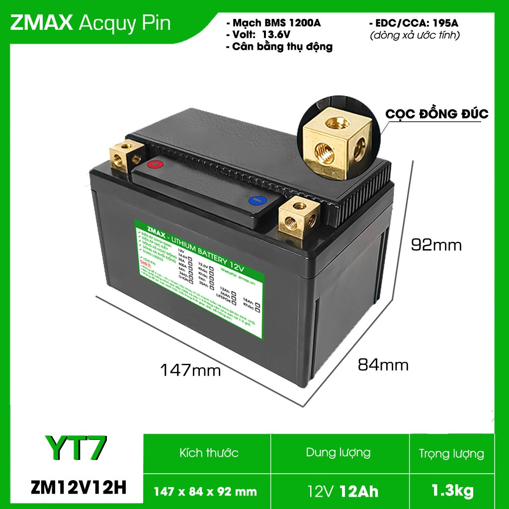 Bình Pin LFP (LiFePO4) ZMAX YT7 12V 12Ah, Dùng Cho Xe Máy - Mô Tô