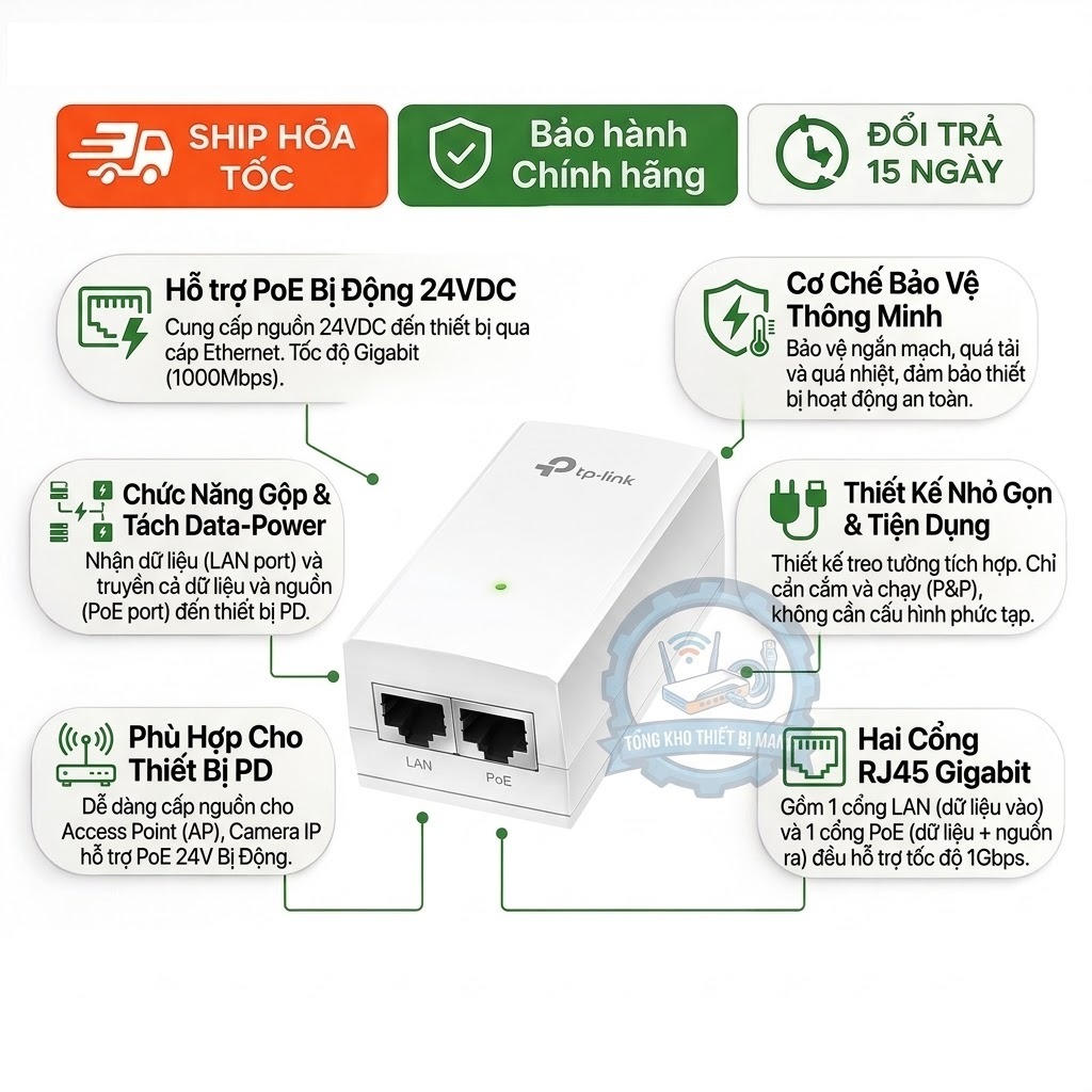 Adapter PoE TP-Link TL-POE2412G Injector 24V 1A Gigabit Cấp Nguồn Qua LAN