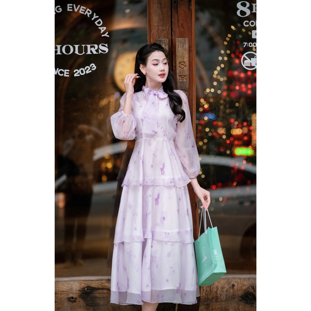 ADELINE HOUSE- Váy Voan 3 tầng nơ cổ Tím Pastel – ADELINE TK148.2 tÍM SIZE XS S M L XL 2XL 3XL 4XL