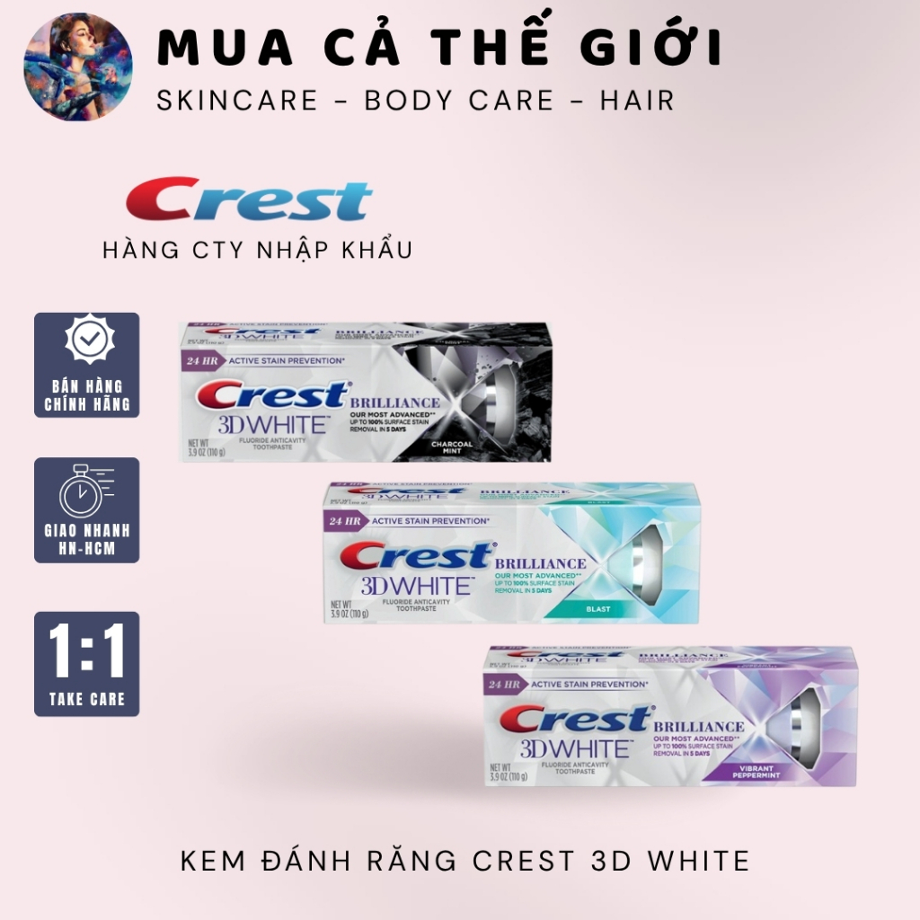 [CTY-Bản Mỹ] Kem Đánh Răng Crest 3D White Brilliance Vibrant Peppermint | Dòng cao cấp trắng răng